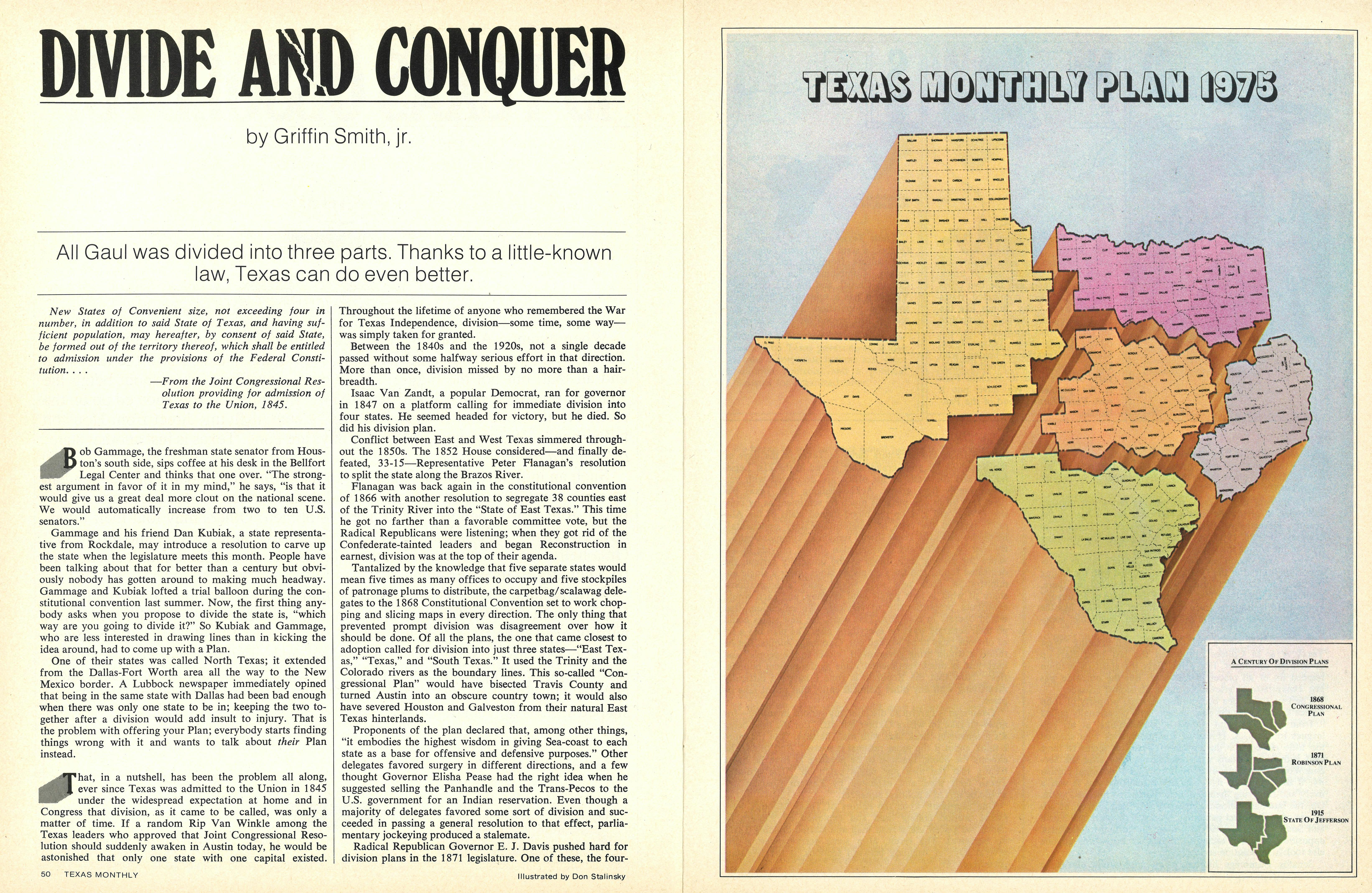Magazine spread with the headline "Divide and Conquer," and an illustration of Texas split into five section. 