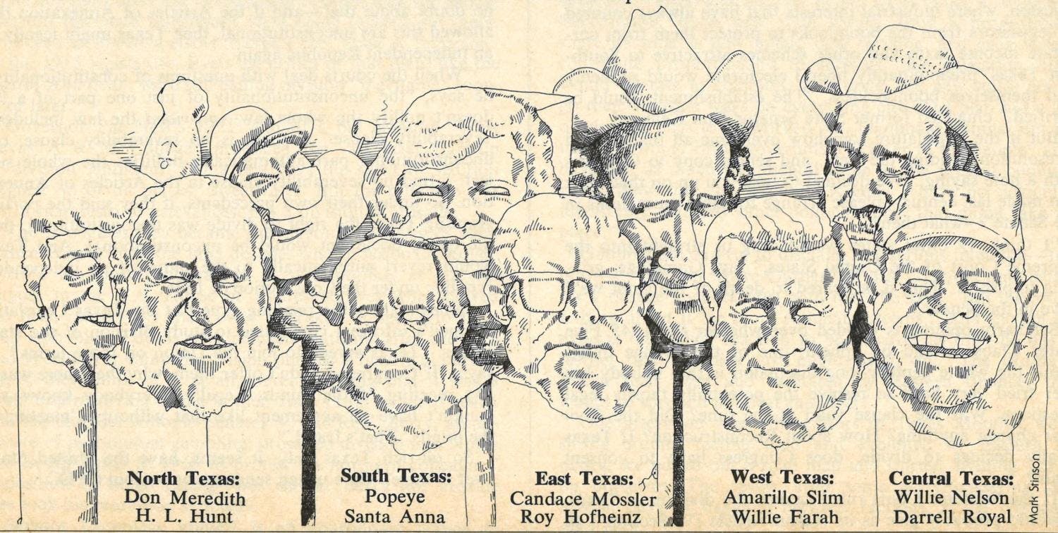 Illustrations of people from each region of Texas. 