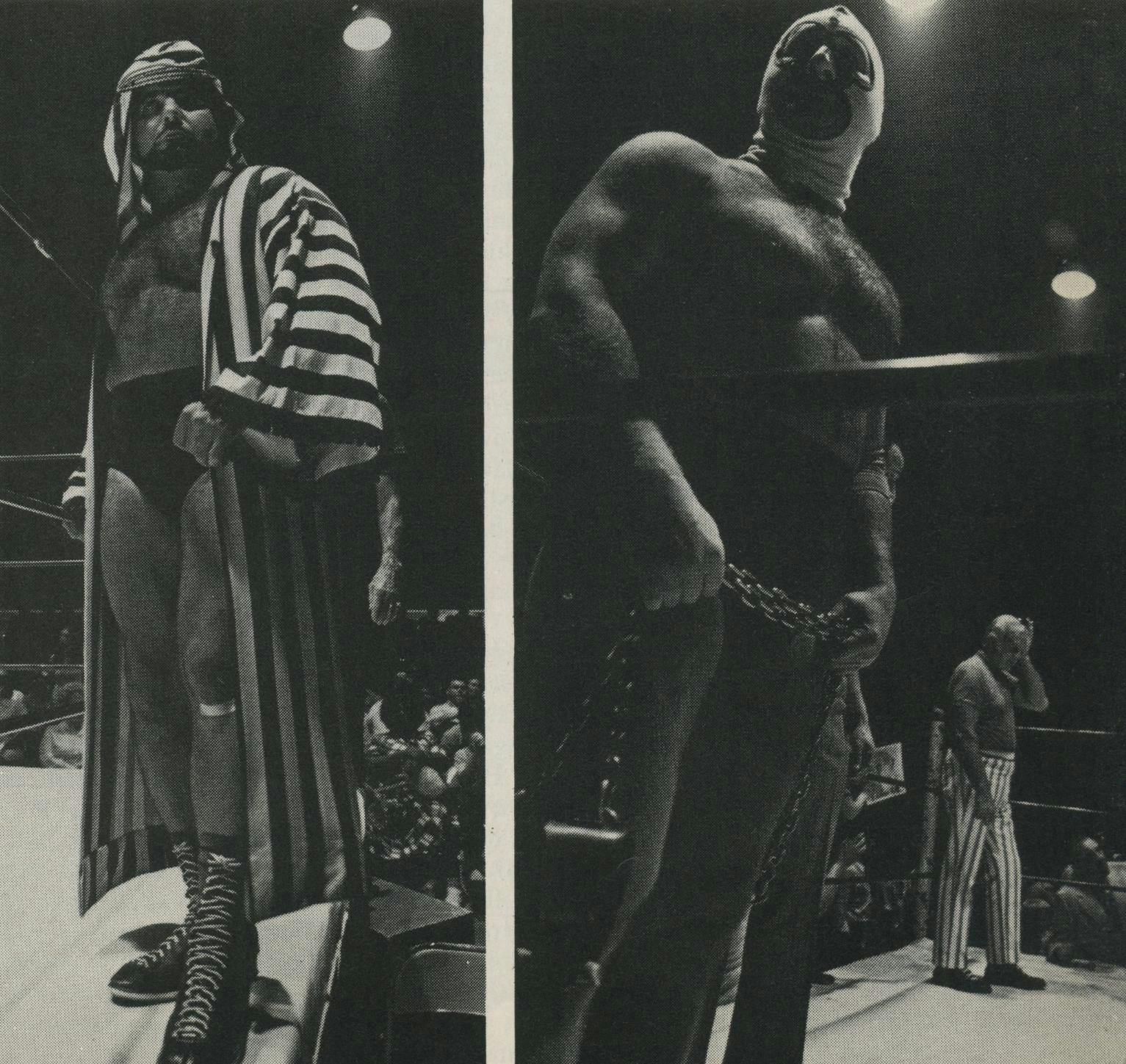 The Sheik, Sandor Akabar, defies booing crowd. Masked Dr. Malenko, aka Mr. Houston, dons chains for Russian Chain Match.