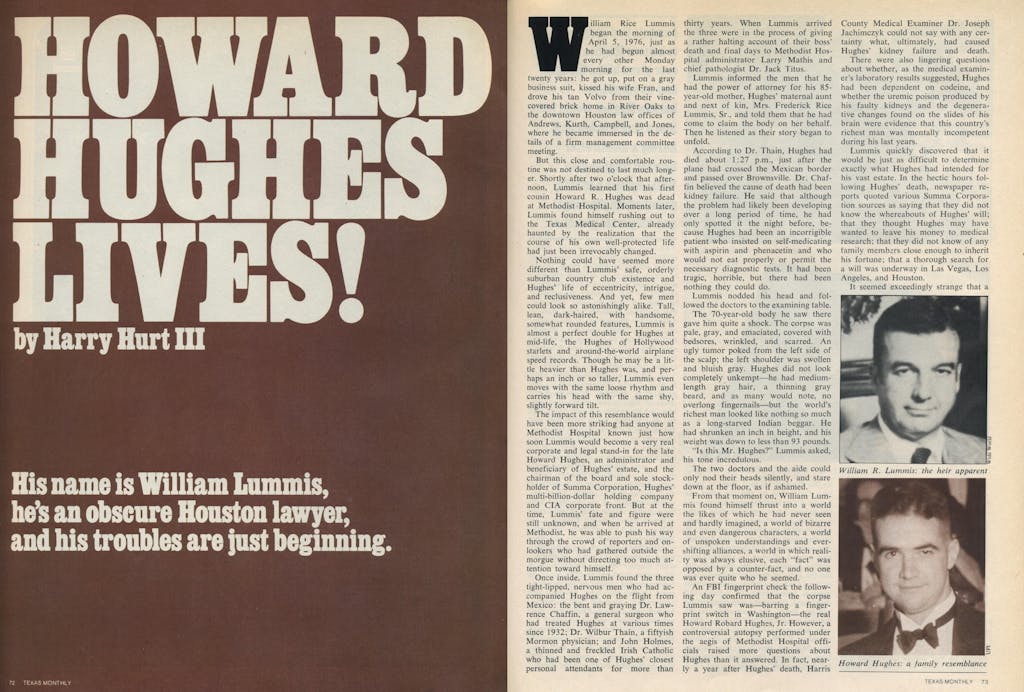 Newspaper article with the headline "Howard Hughes Lives!" and the description "his name is William Lummis, he's an obscure Houston lawyer, and his troubles are just beginning," by Harry Hurt III. 