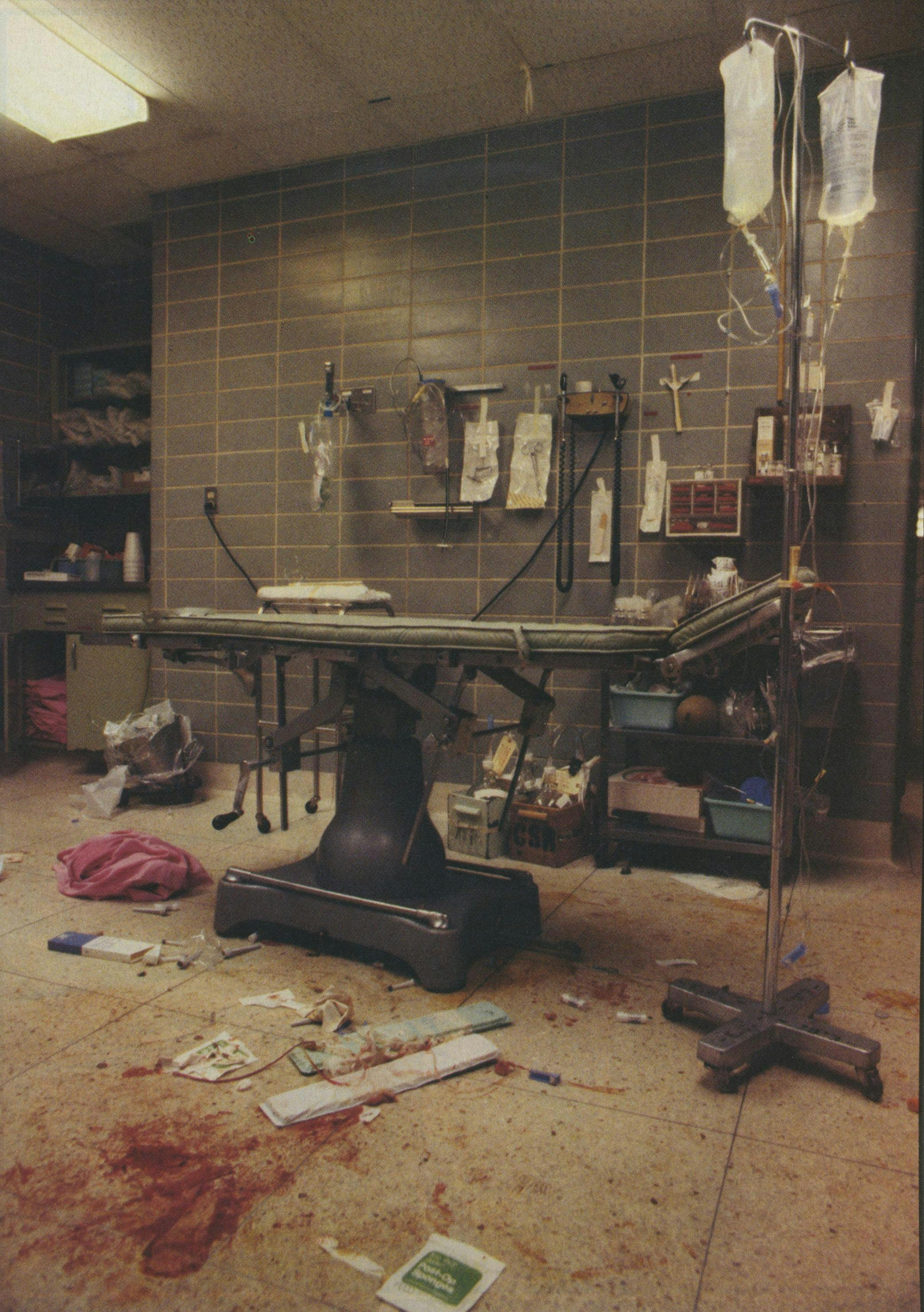 In the aftermath of treatment of an emergency patient, the shock room resembles an abandoned battlefield. This is not the end, however, but a momentary lull in the night's work in this backup room. Within a few minutes, the housekeeping crew will put things back together for the next case.
