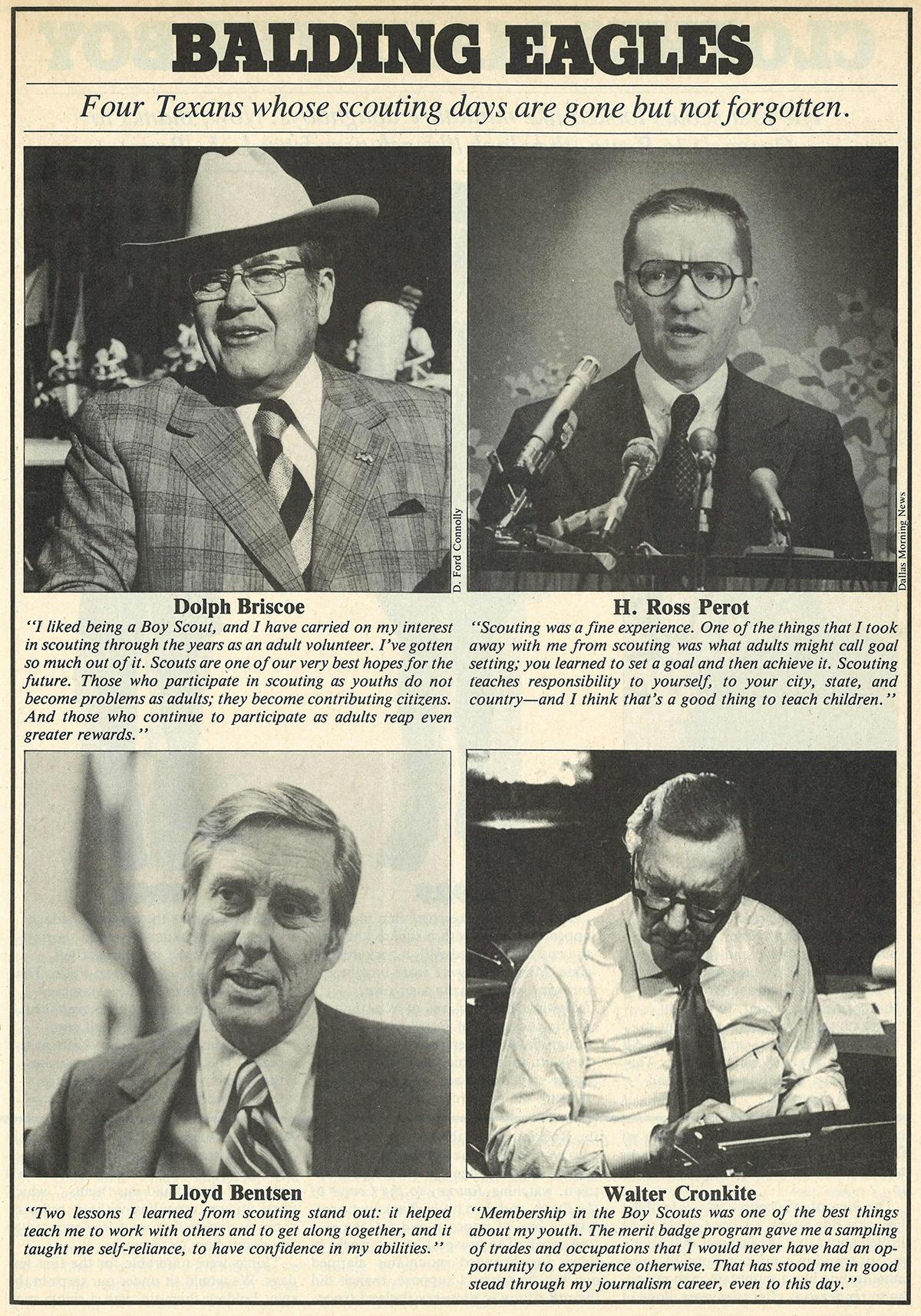 Newspaper article titled "Balding Eagles," with photographs of Dolph Briscoe, H. Ross Perot, Lloyd Bentsen, and Walter Cronkite. 
