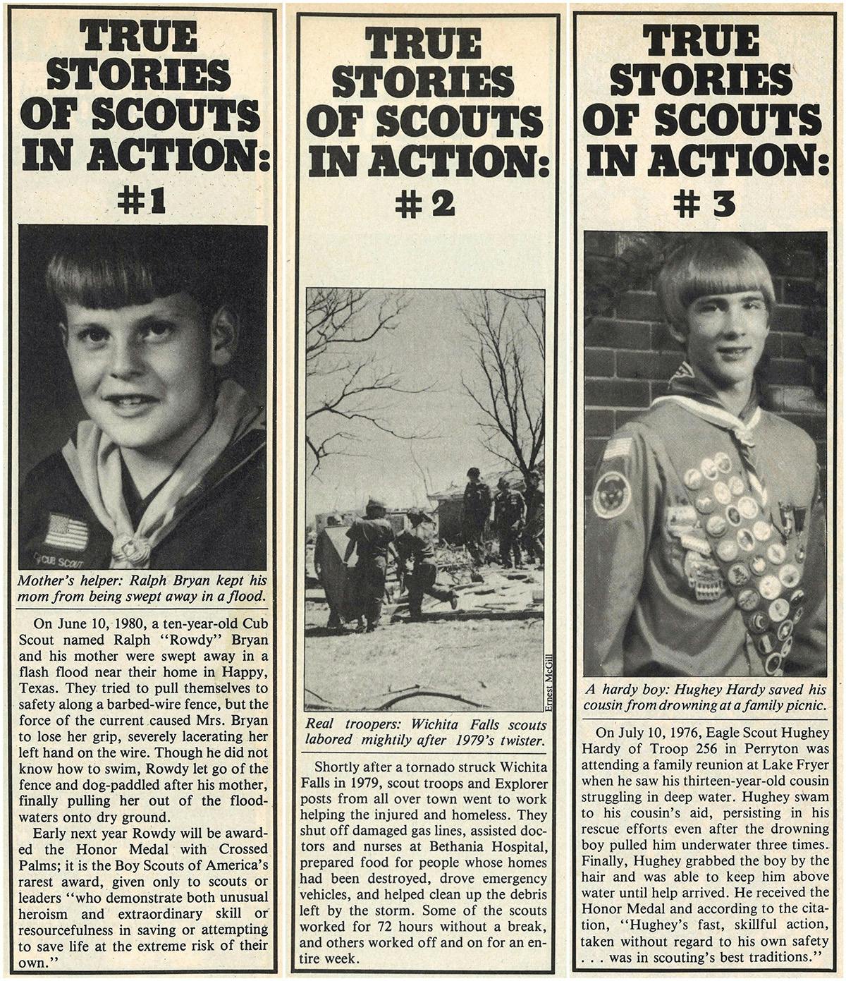 Newspaper clippings of "scouts in action" stories. 