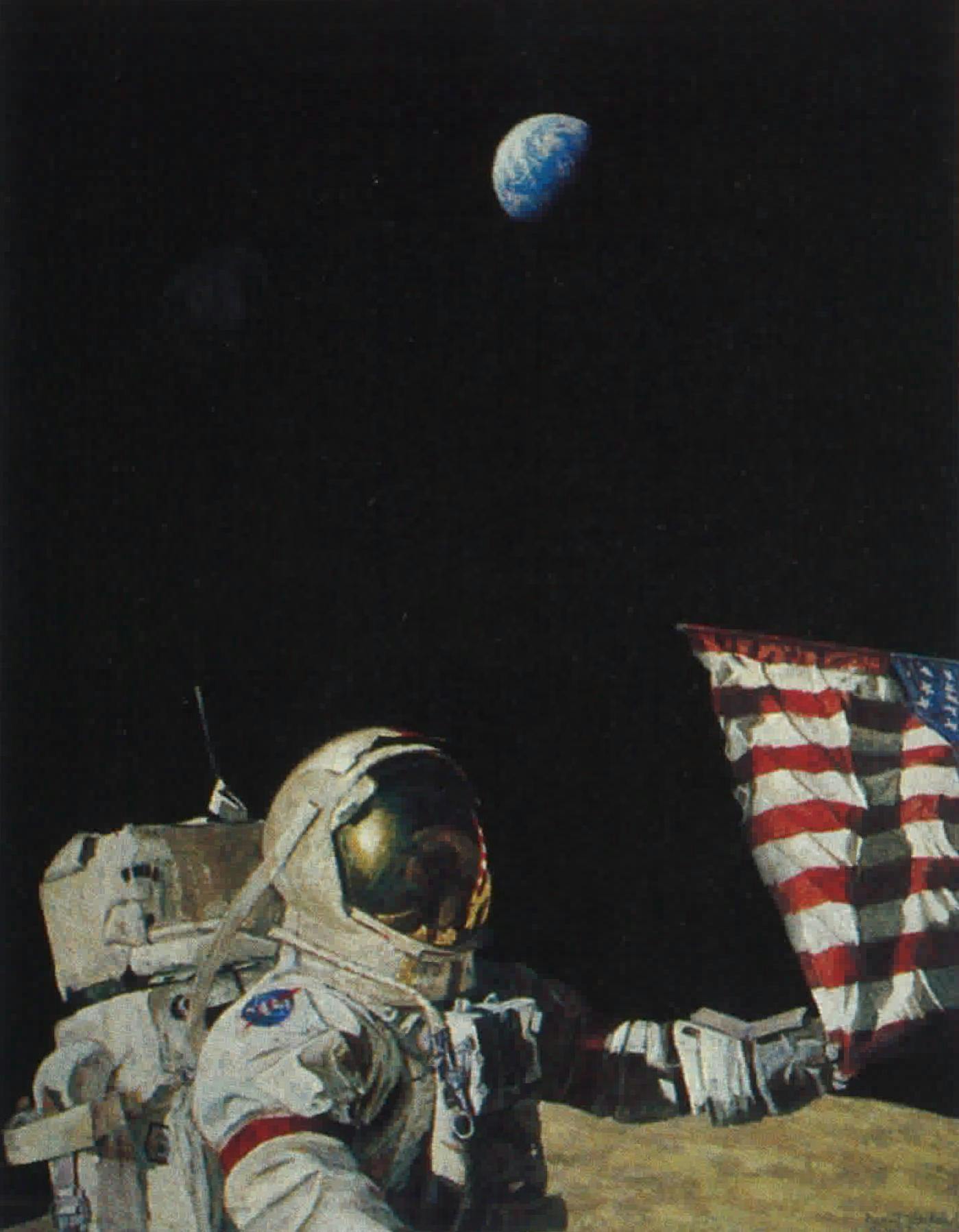 Too Beautiful to Have Happened By Accident, 1982 Bean did this painting after talking to Gene Cernan, who observed, "When I stood on the moon and looked up at the earth, I felt it was just too beautiful to have happened by accident. I could see all the fundamental elements that made up Apollo—the moon, the planet and country from which the first explorers came, deep, infinite space, and man himself. ”
