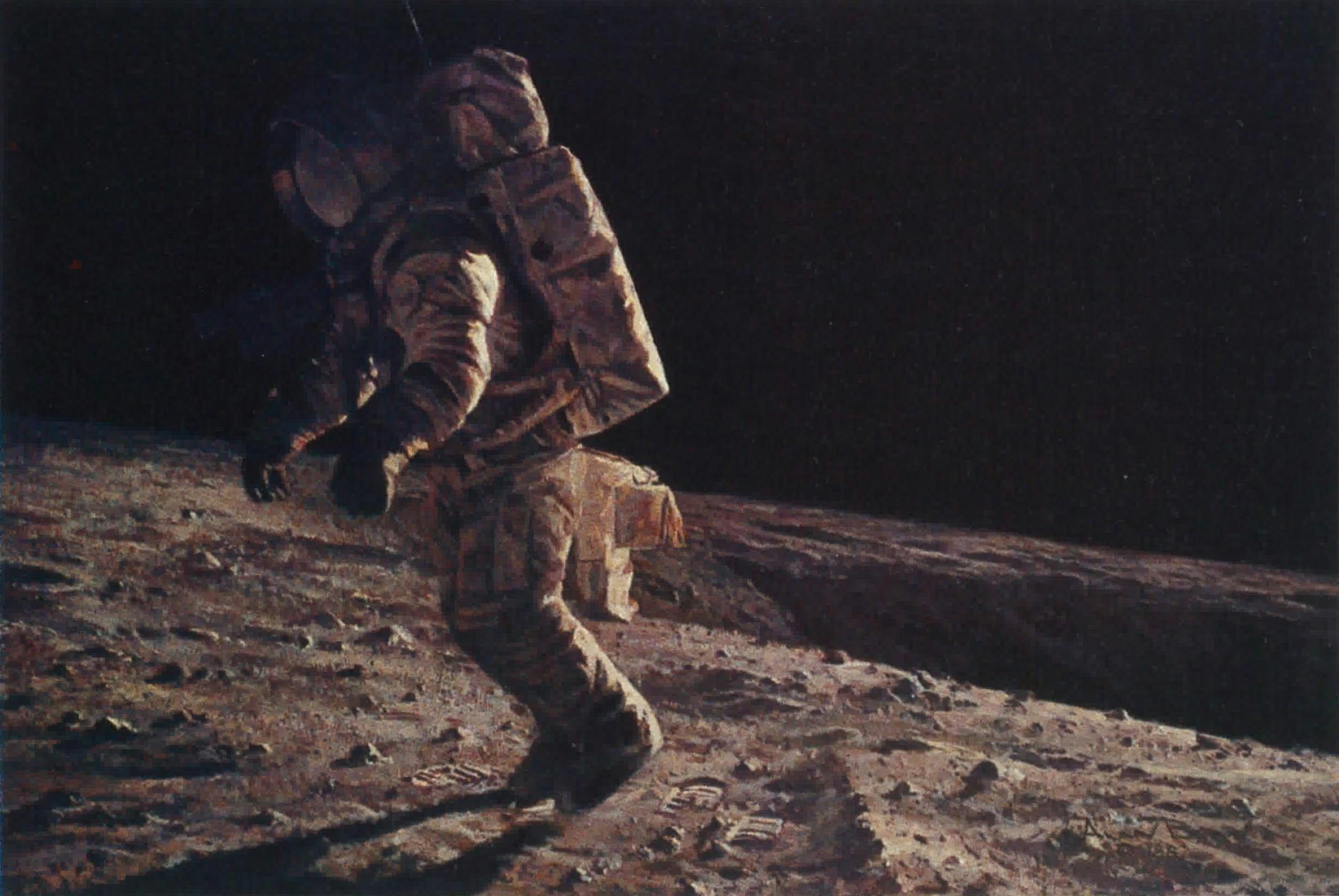 Tiptoeing on the Ocean of Storms, 1982 This self-portrait is Bean's favorite painting. "I can remember running along next to this crater," he says. "It seemed I could run forever and not get tired." The moon's weak gravity and their stiff space suits led the astronauts to puss off with just toes when taking a step. To Bean it felt like "dancing on tiptoe."
