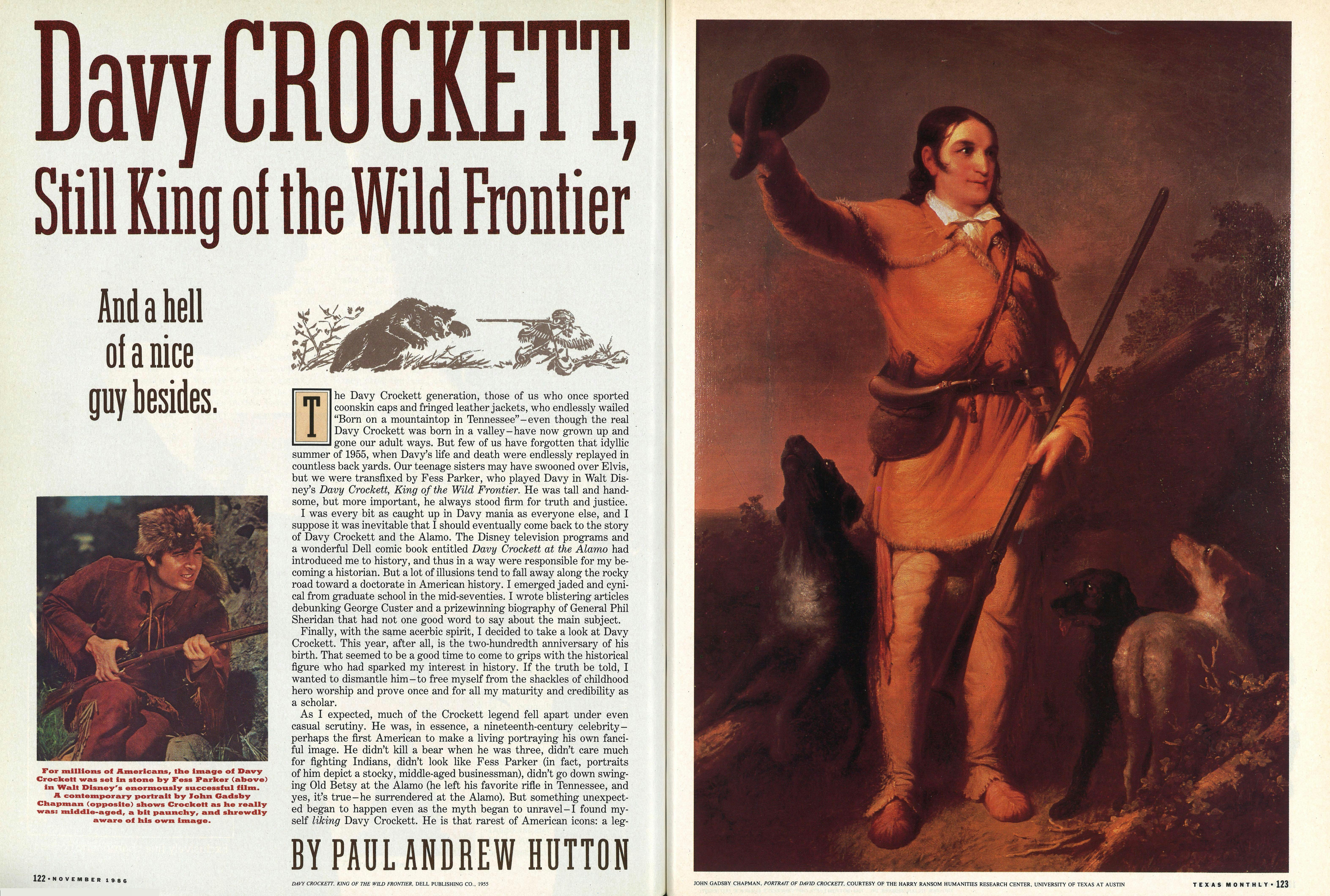 Magazine spread headlined, "Davy Crockett, Still King of the Wild Frontier," next to a photo of him. 