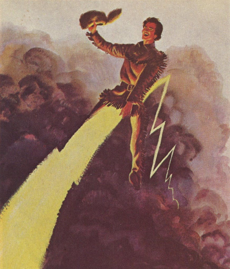 Illustration of Davy Crockett riding a lightning bolt. 