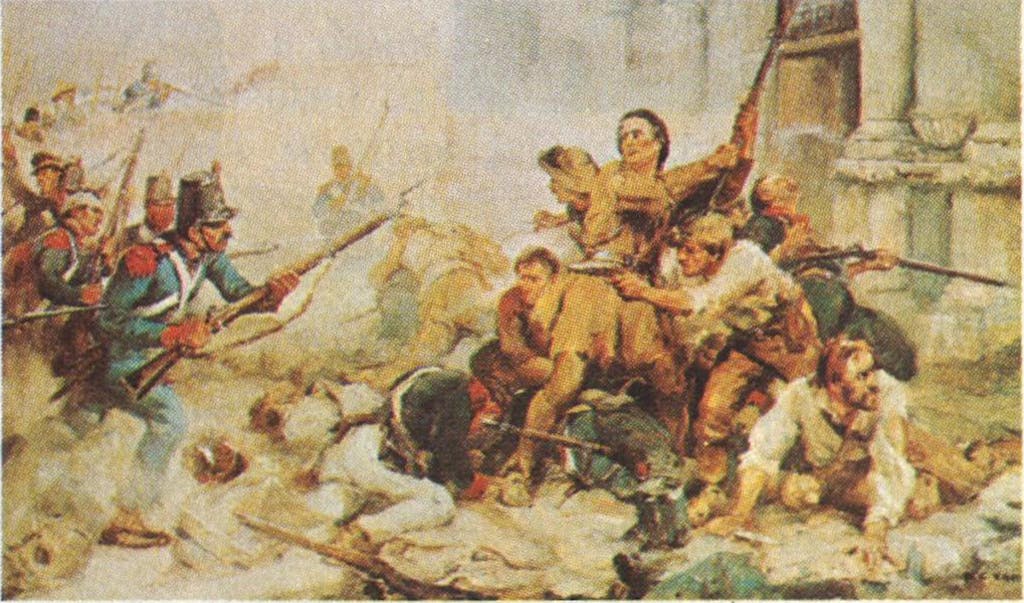 Painting of Davy Crocket swinging his rifle in defense. 