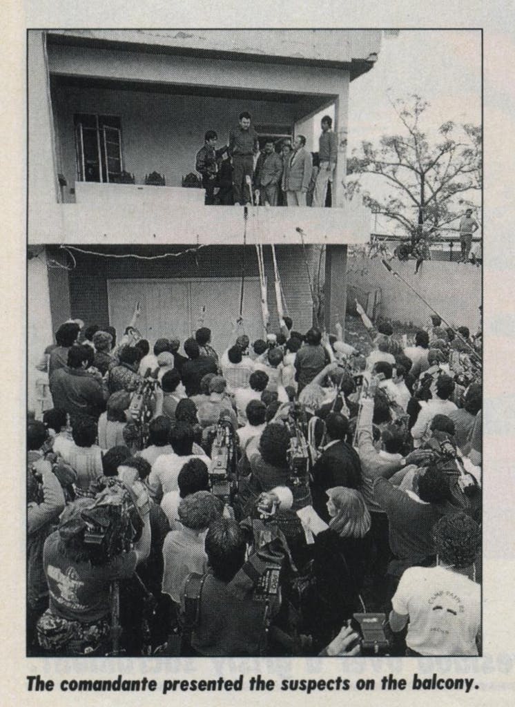 Newspaper coverage of the satanic cult members presented in front of a crowd. 