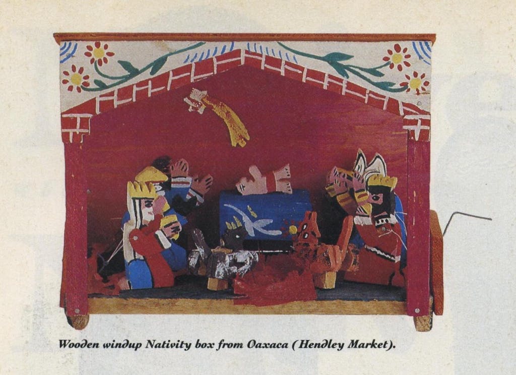 Wooden windup Nativity box from Oaxaca (Hendley Market).