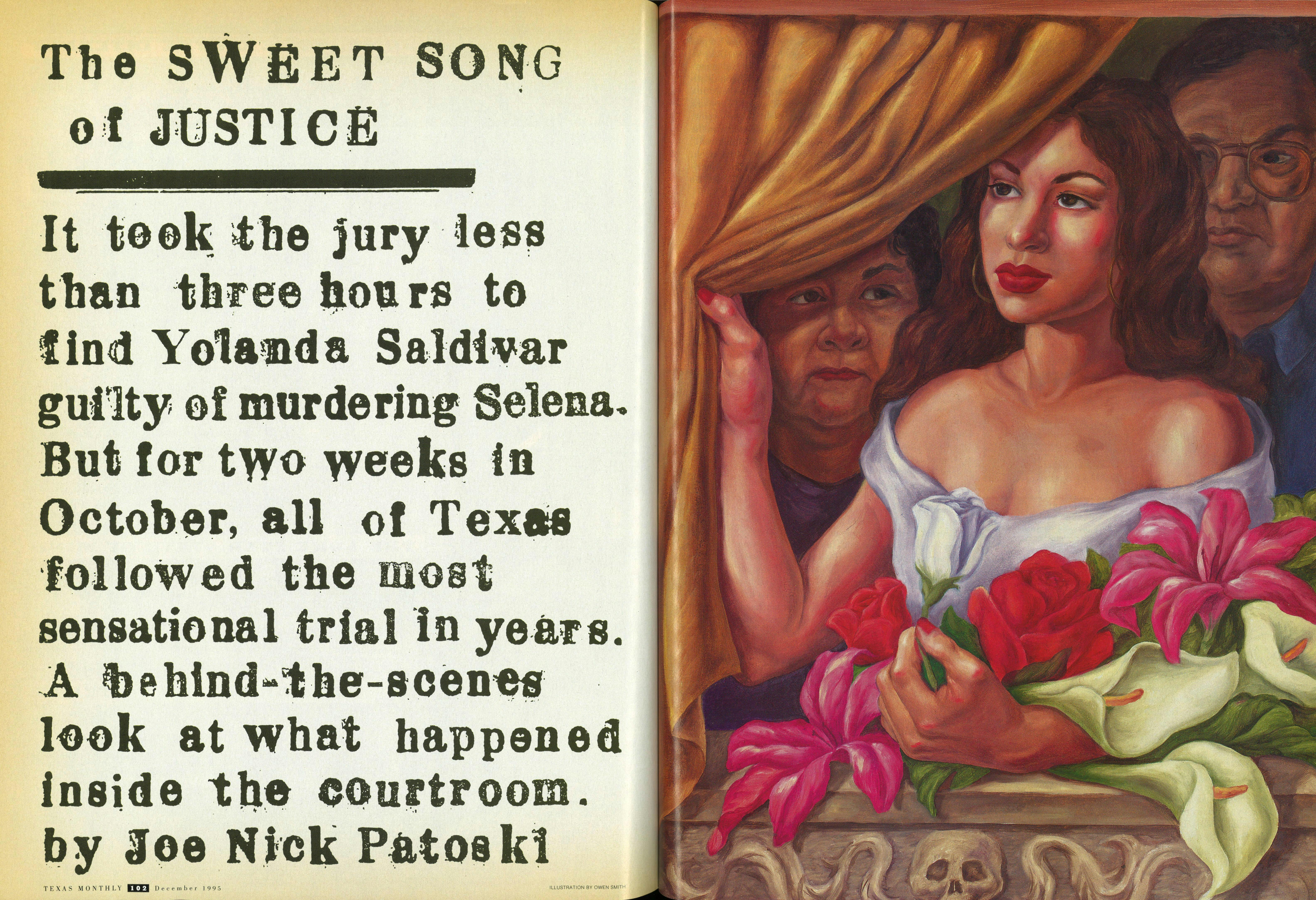 Illustration reading, "the sweet song of justice," next to a grawing of Selena. 