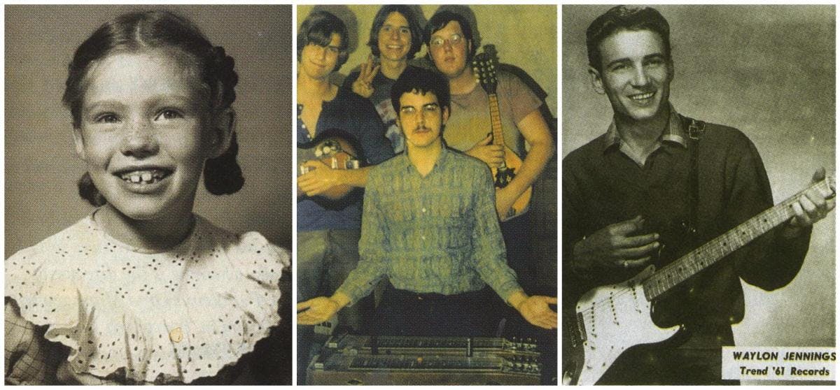 From left: 1952: Jo Carol Pierce in grade school. 1970: Guy Juke (center) and his band. 1961: A publicity still of Waylon Jennings.