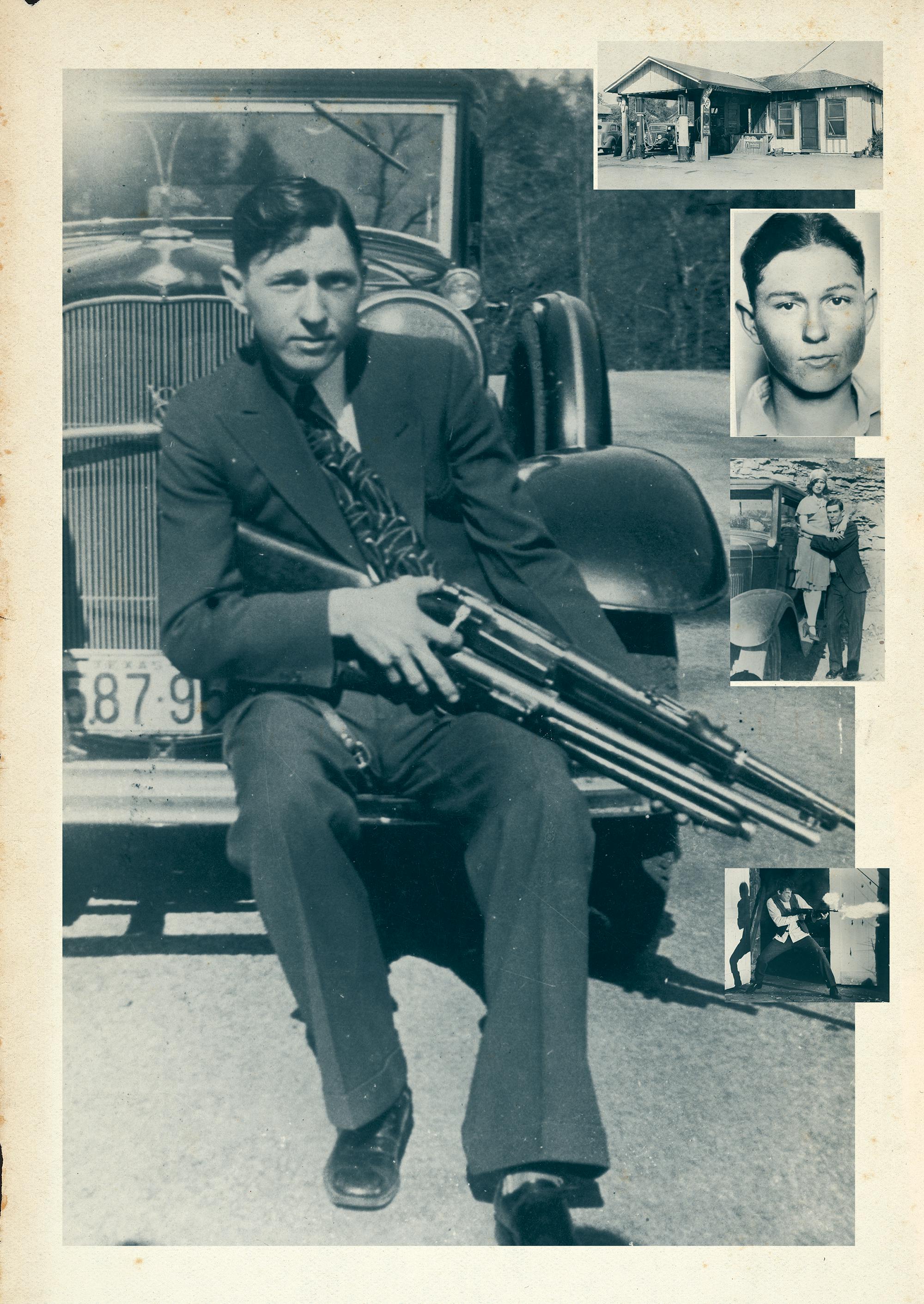 Photos of Clyde Barrow with some of his guns, with Bonnie, and in front of his family's garage. 