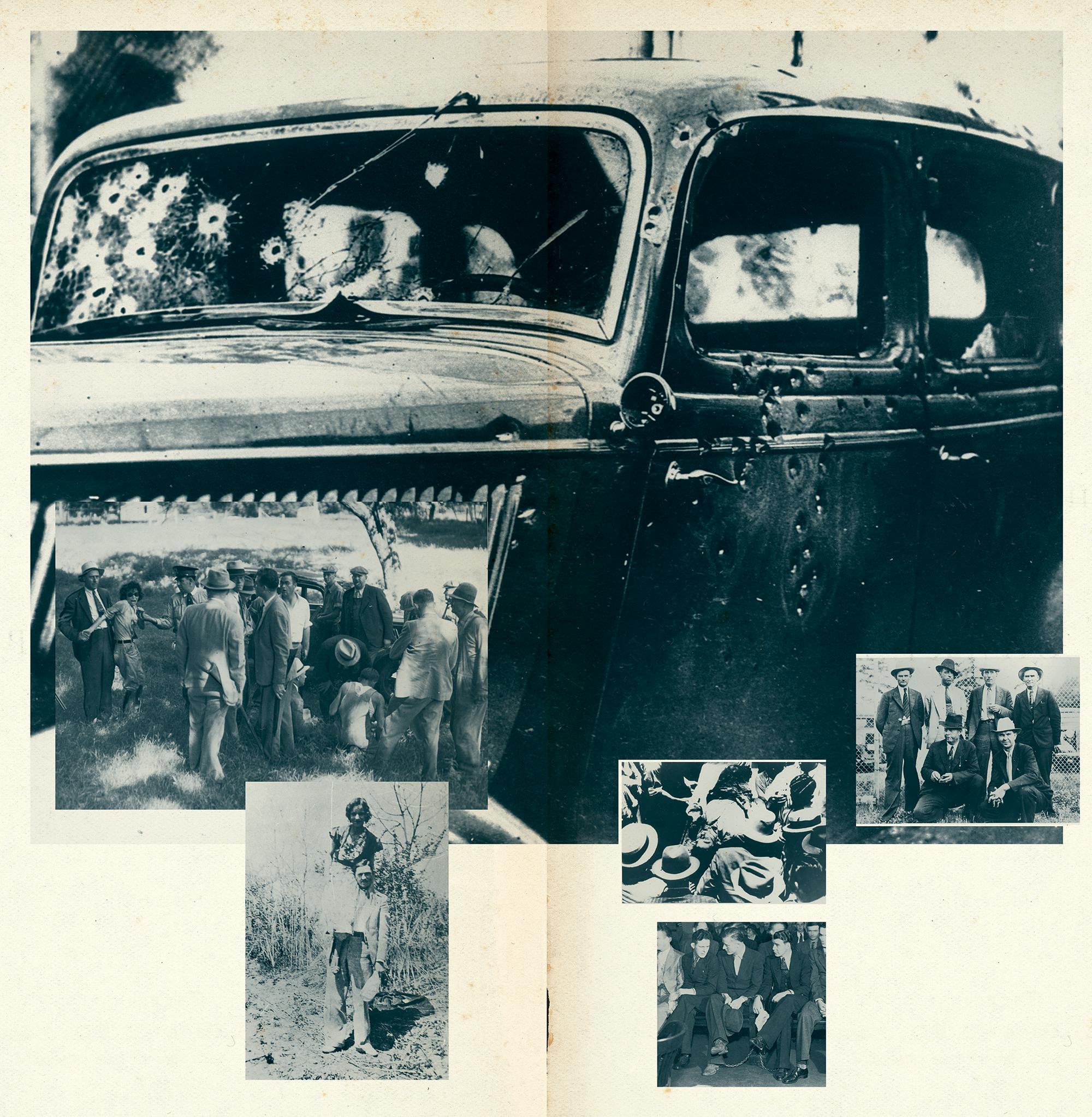 Old automobile riddled with bullet holes, among pictures of Bonnie and Clyde. 