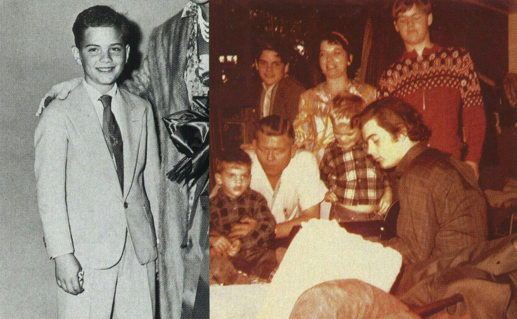 Left: The dapper preteen in 1959. Right: playing guitar for (from l.) Sumner, Roger, Don, Evelyn, Ben, and Mike in 1966.