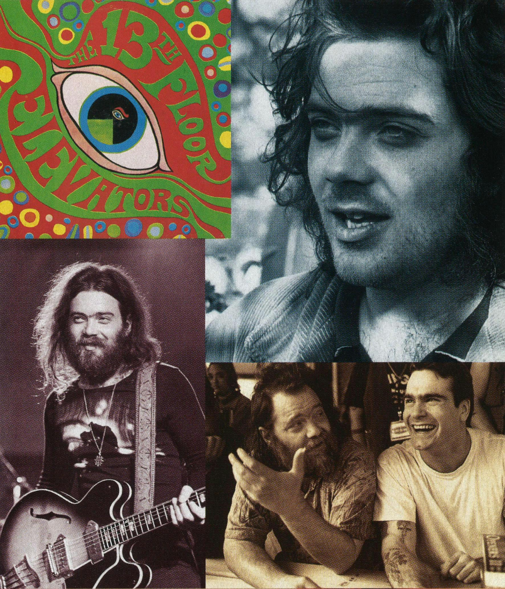 Clockwise from top left: Cover art for the first Elevators album; singing in 1974; with Henry Rollins in 1995; onstage at the Austin Opera House in 1977.