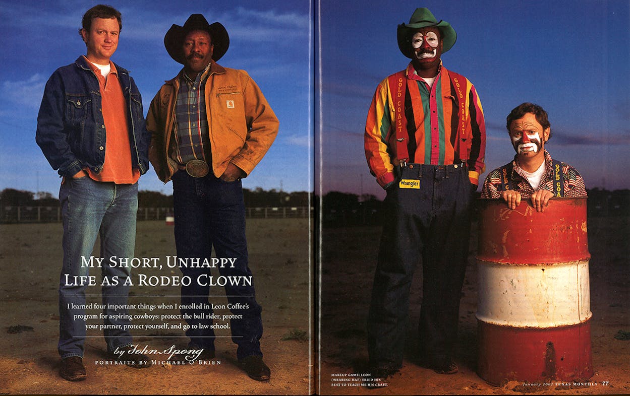 Two images of rodeo clowns.