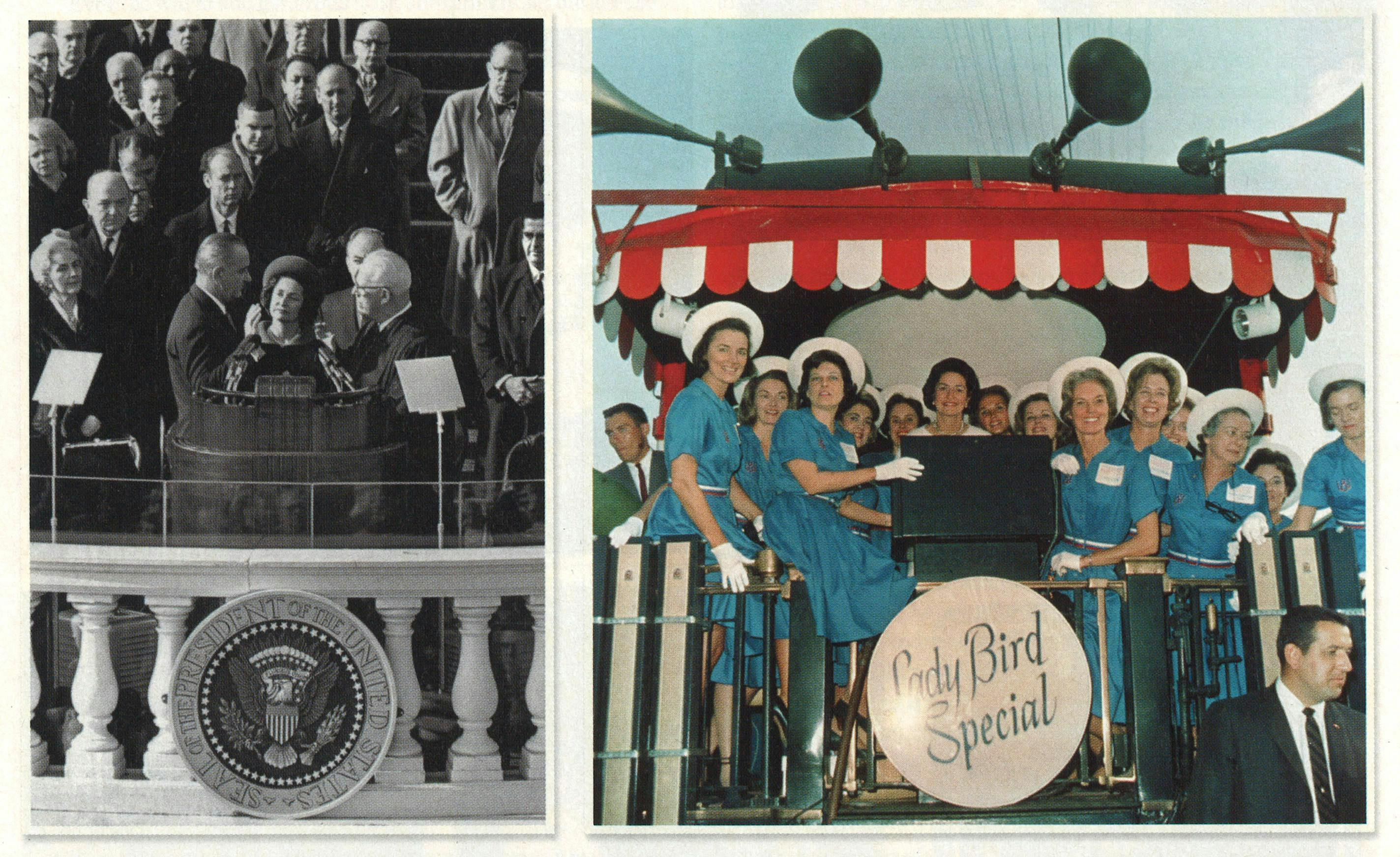 From left: At Lyndon's inauguration in 1965. Riding through the South on the Lady Bird Special during the 1964 campaign.