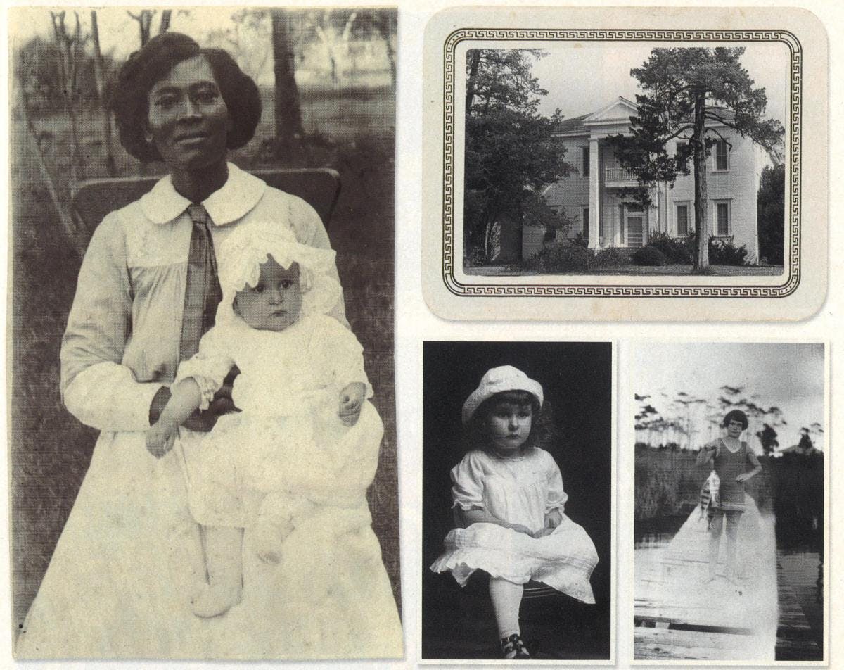 Clockwise, from left: A six-month-old Claudia Alta Taylor with Alice Tittle, the Taylor family maid who nicknamed her Lady Bird. The Taylor mansion, known as the Brick House, in Karnack. With a string of fish (date and location unknown). Childhood portrait taken around 1915. 