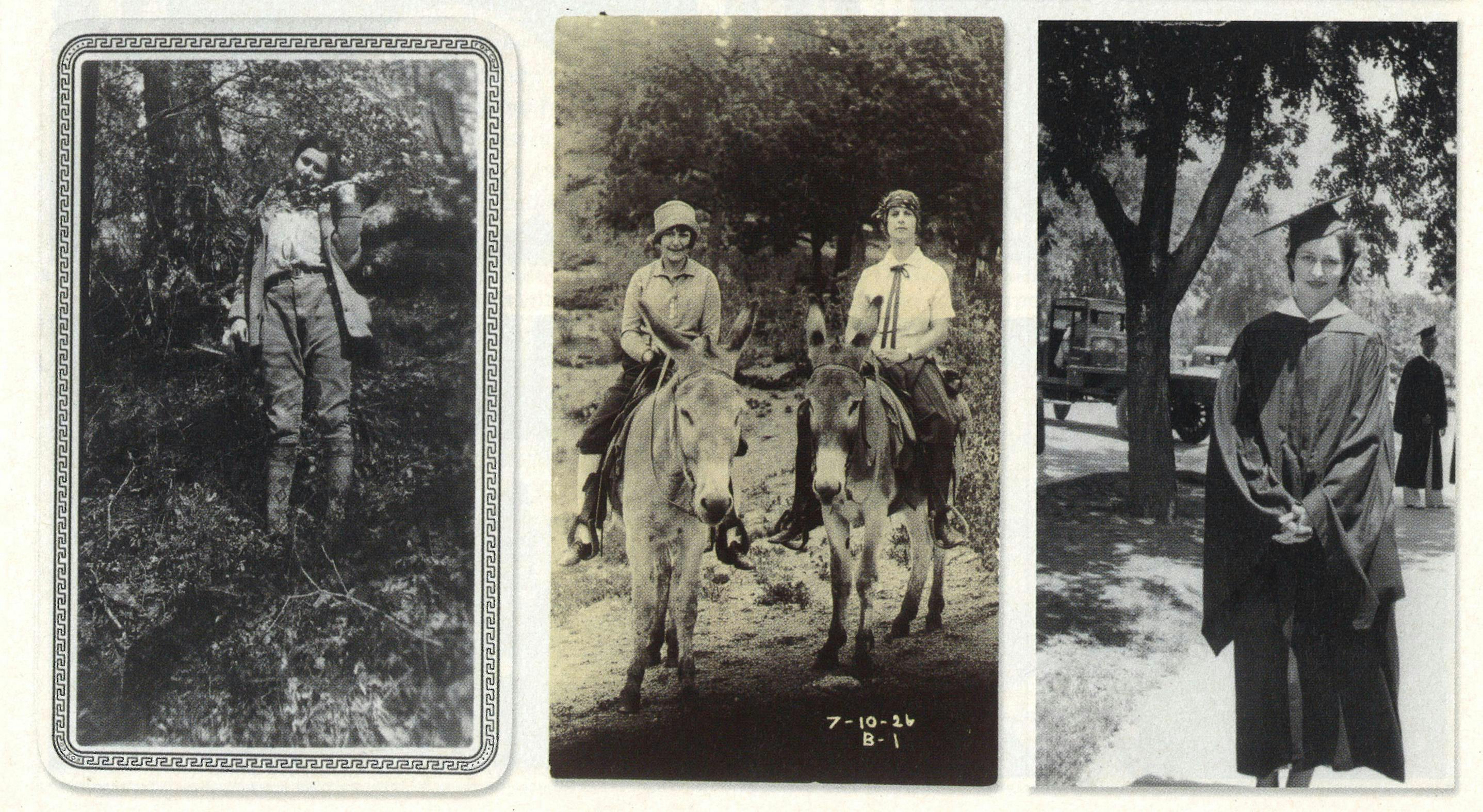 From left: Near Caddo Lake (date unknown). Riding donkeys with a friend in 1926. At her graduation from the University of Texas in 1934.