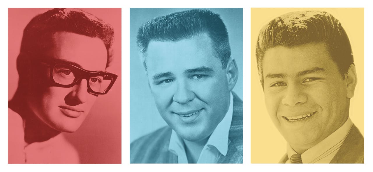 Monochromatic headshots of Buddy Holly, the Big Bopper, and Valens. 