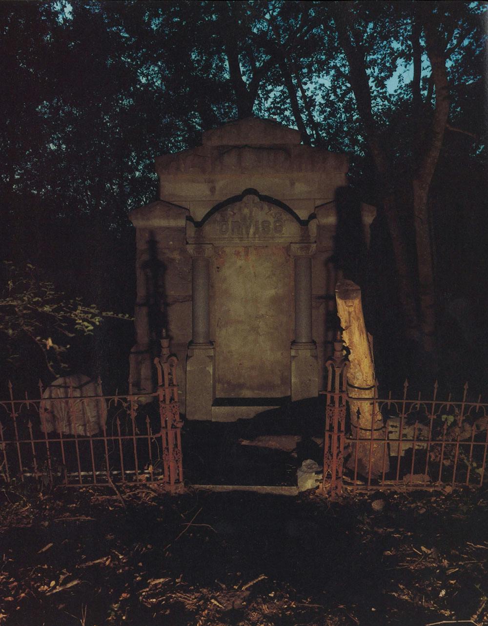 Orviss Vault gravesite at night. 