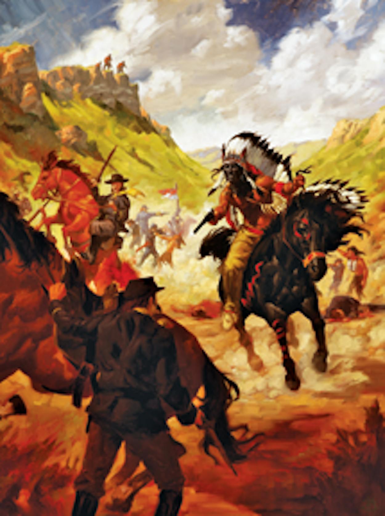 Comanche Indians and federal soldiers fighting on horseback painting.
