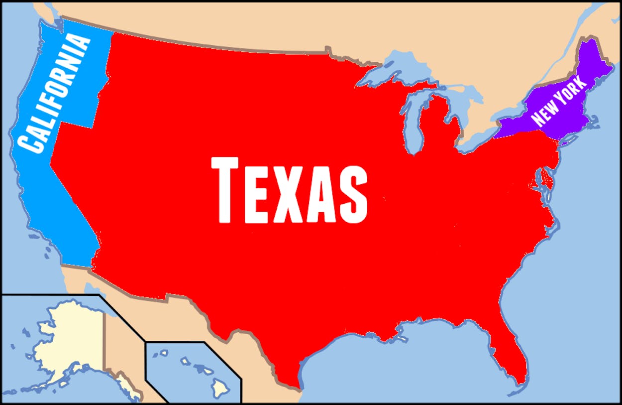 Map of America divided into either California, Texas, or New York.