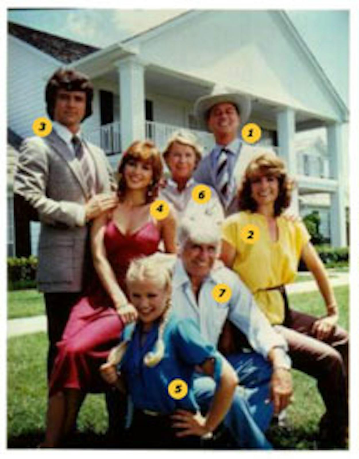 Dallas cast poses in front of a big white house.