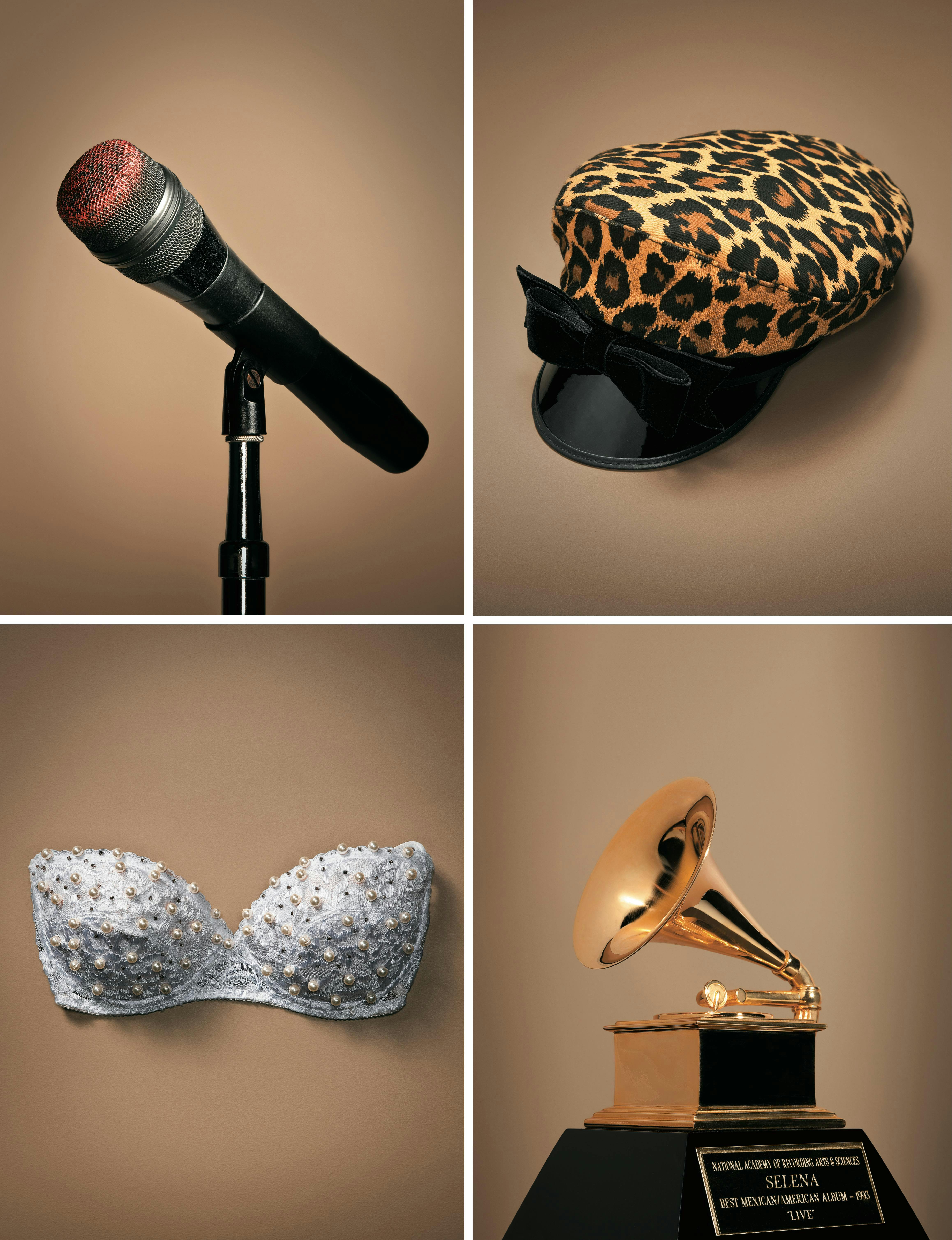 From top left: Selena's lipstick-covered microphone, which she frequently had to have cleaned; one of the singer's favorite hats, often worn at autograph signings; the 1993 Grammy for Live!; the bustier Selena hand-beaded for her 1994 Astrodome show.