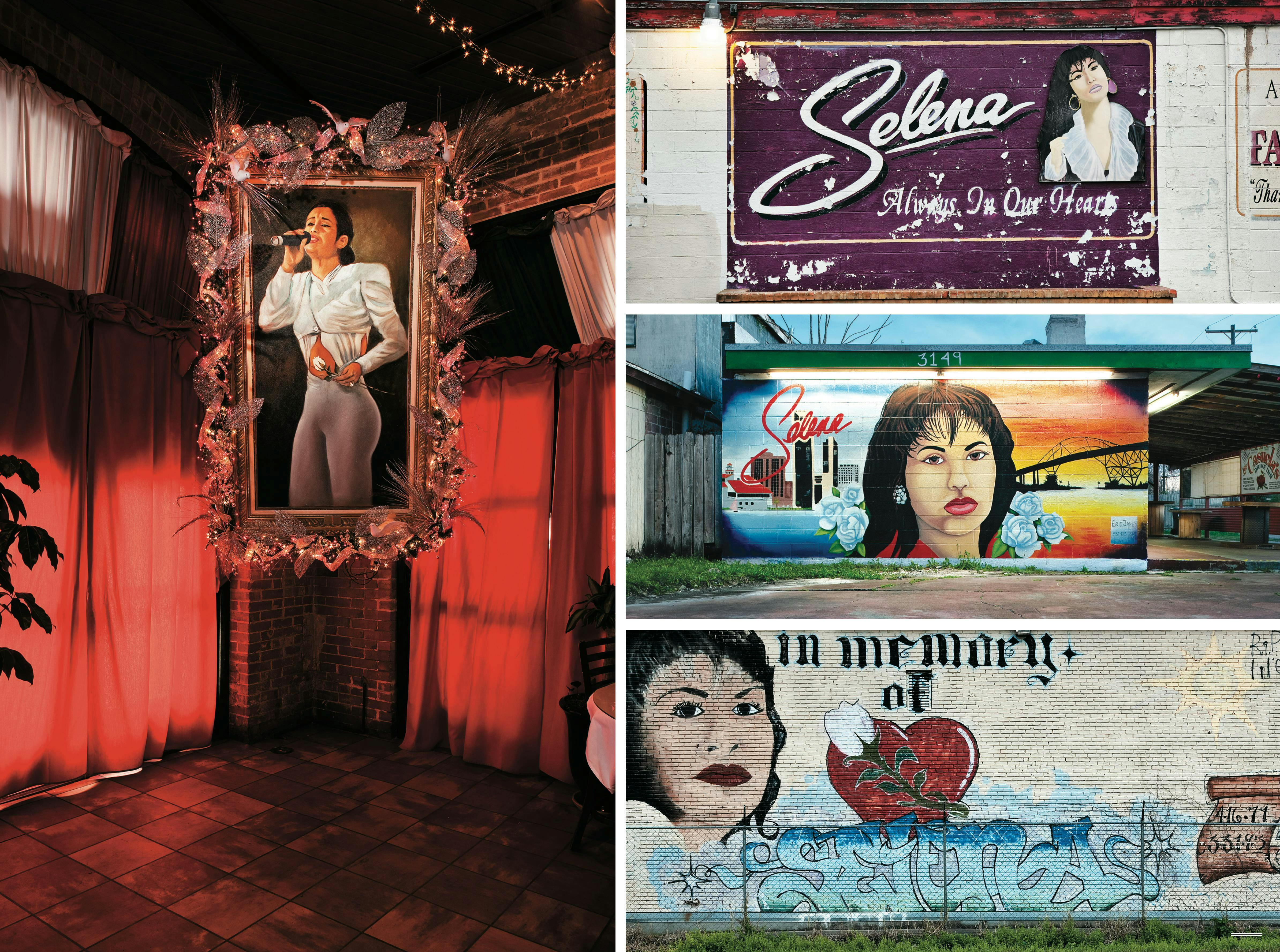 Clockwise from left: a tribute portrait of Selena at Mi Tierra Café y Panadería, in San Antonio; a mural in Corpus Christi's Molina neighborhood, where Selena lived; the outside wall of Las Casuela's Lounge, in Corpus Christi; a mural on South Port Avenue, in Corpus Christi. 