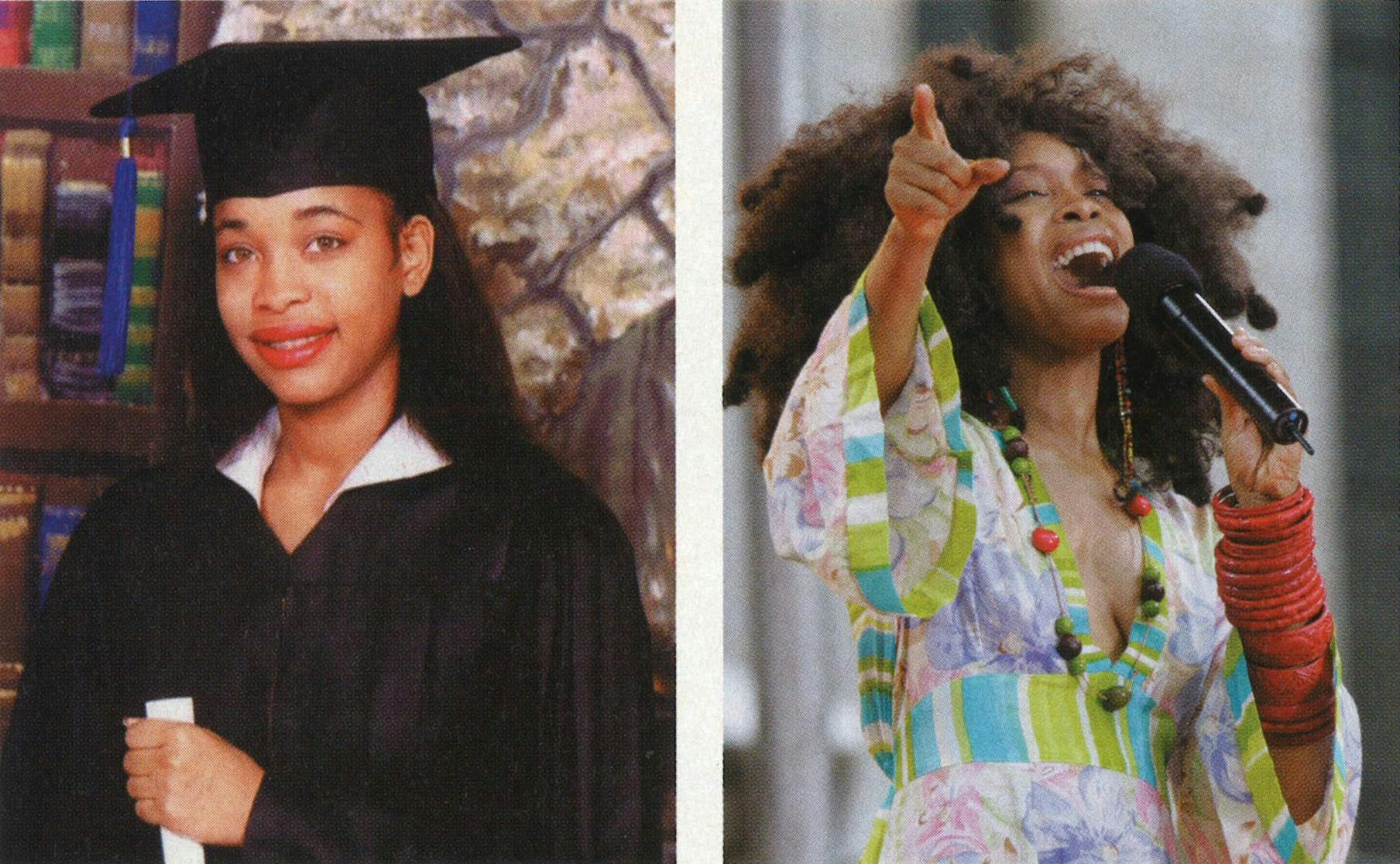 Posing for her senior picture at Dallas's Booker T. Washington in 1989, performing at New York's Bryant Park in 2005. 