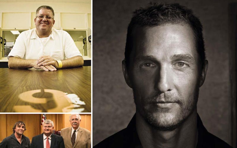 Top left: Convicted murderer Bernie Tiede. Right: Mathew McConaughey took on the role of criminal district attorney Danny Buck Davidson (bottom middle, with director Richard Linklater and defense attorney Clifton "Scrappy" Holmes).
