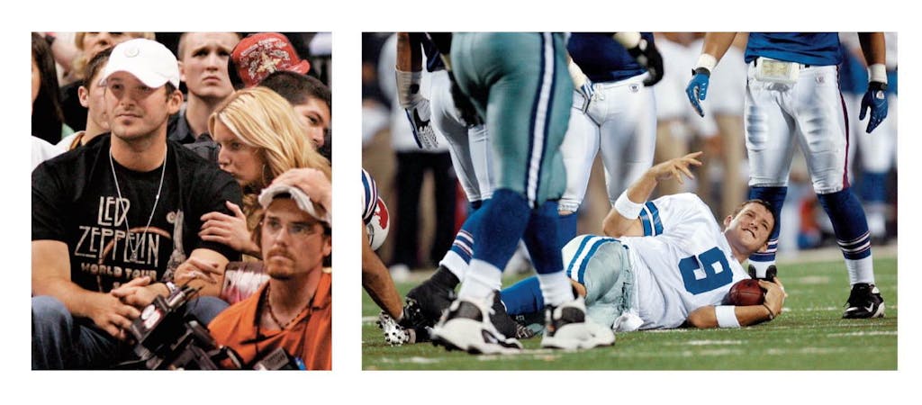 Romo with Jessica Simpson at a Dallas Mavericks game, and on the the turf last season against the Buffalo Bills.