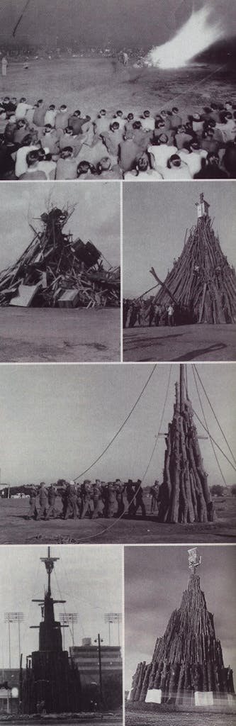The Texas A&M bonfire throughout the years, from 1949 to 1996. 