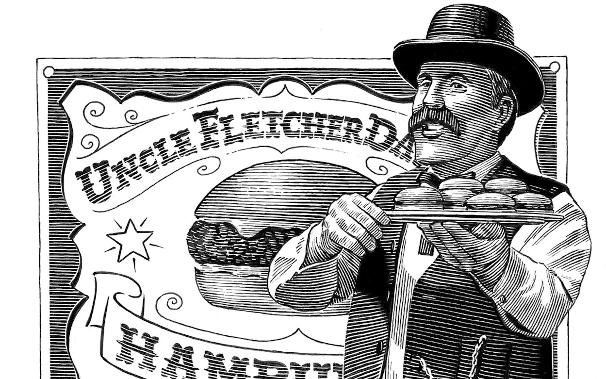 Cartoon drawing of Uncle Fletch holding a tray of hamburgers.