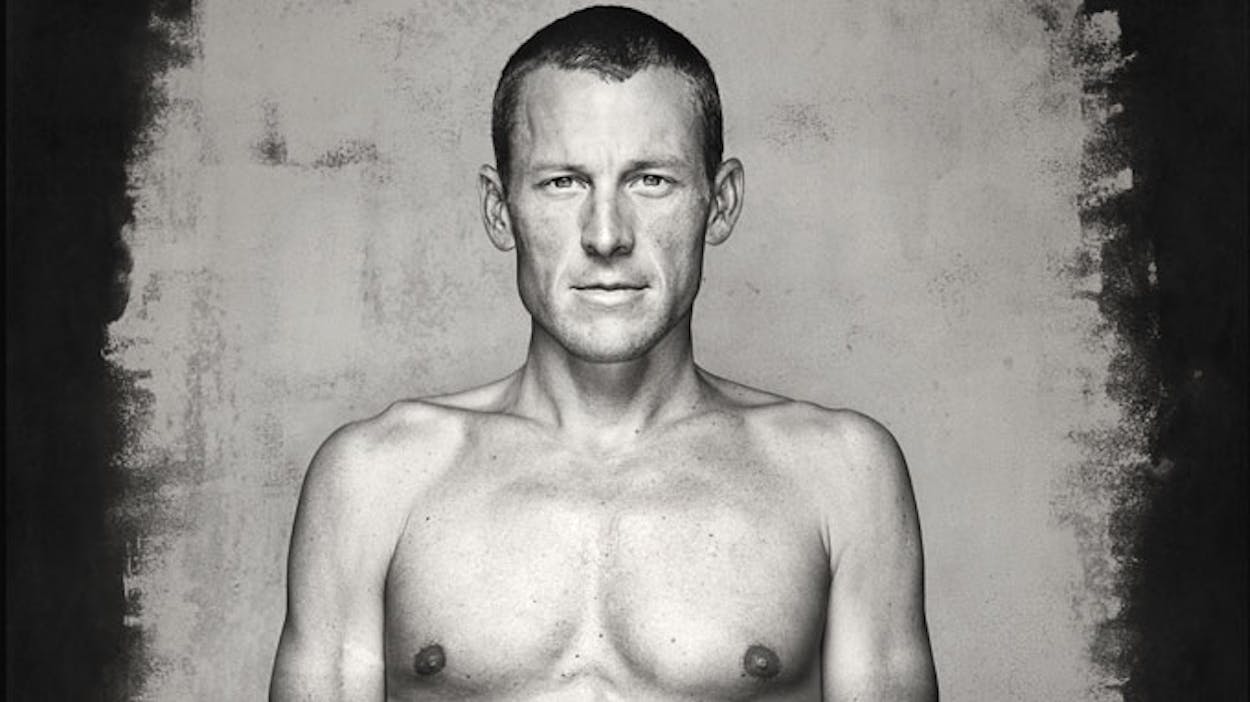 Black and white closeup of a shirtless Lance Armstrong.