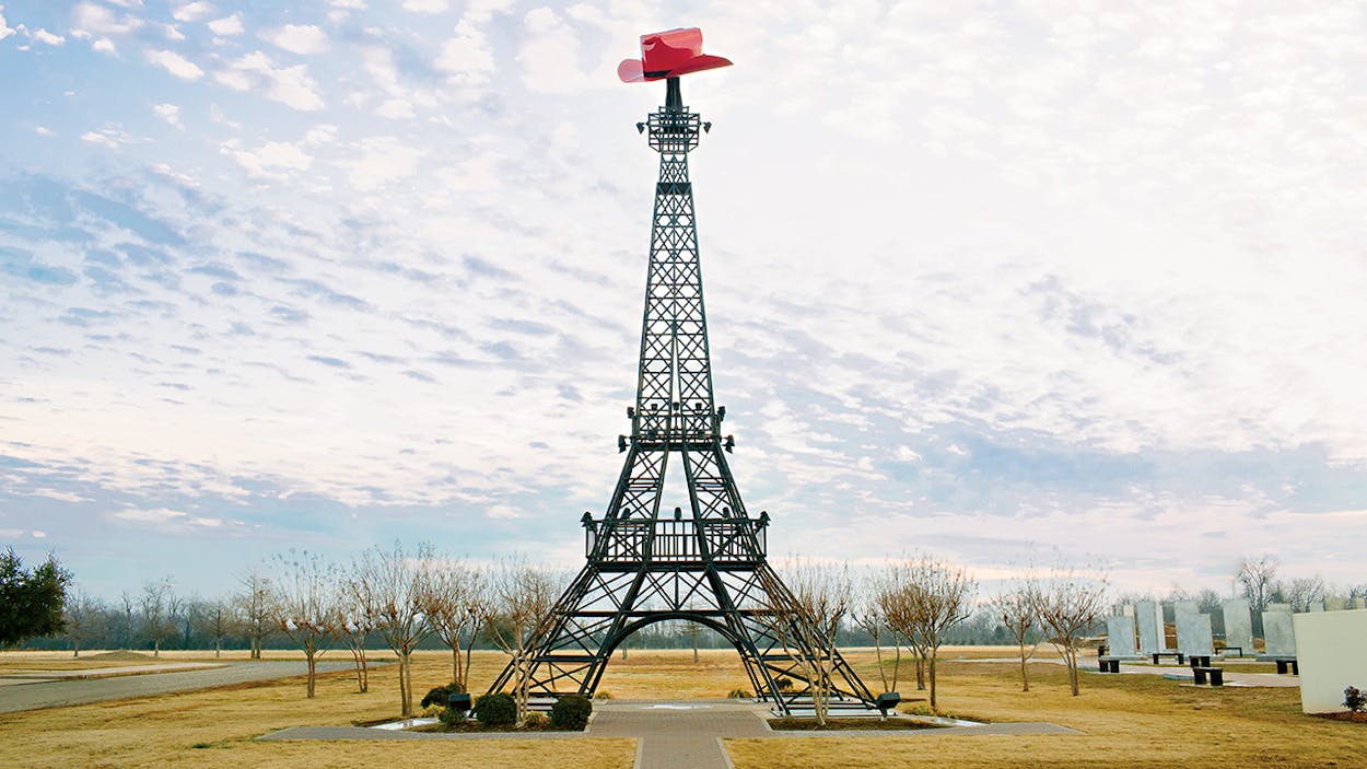 Paris Texas eiffel tower with cowboy hat.