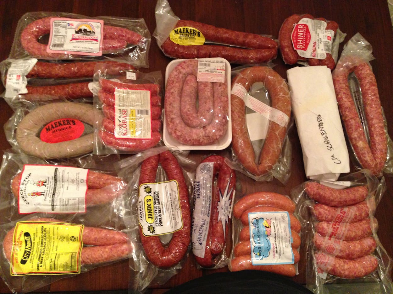 An array of packaged sausages.