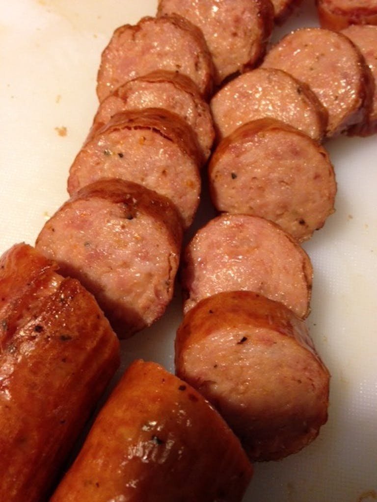 Round, glistening slices of sausage from Slovacek's. 