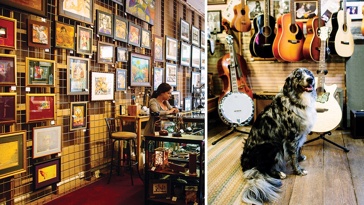 More than eighty artists are represented at Art Connections Gallery (left); the shop mascot at LarryLand (right).