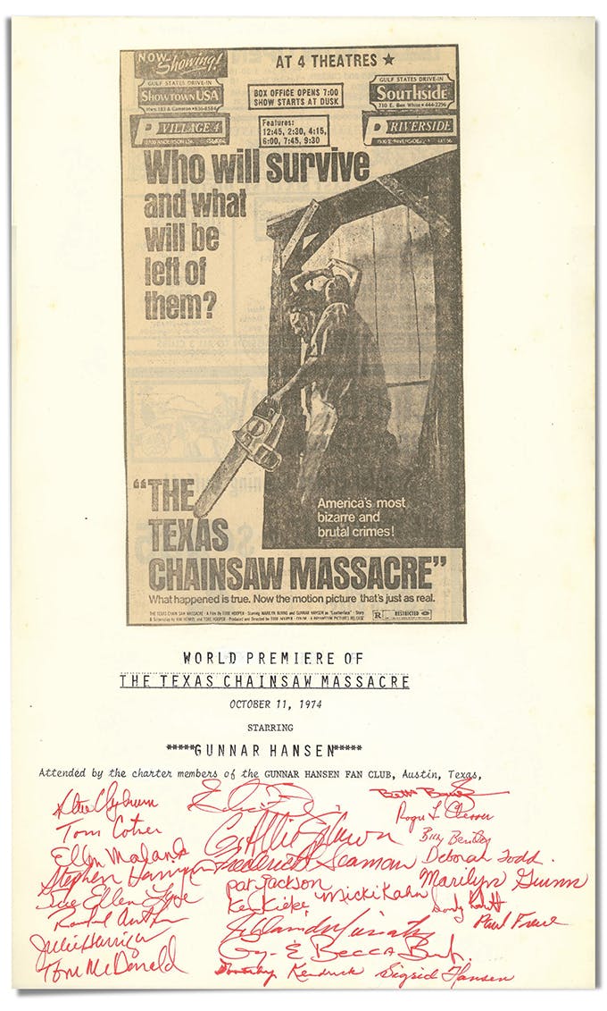 The charter of the Gunnar Hansen Fan Club, which was presented to Hansen on October 11, 1974, along with a vintage chainsaw.