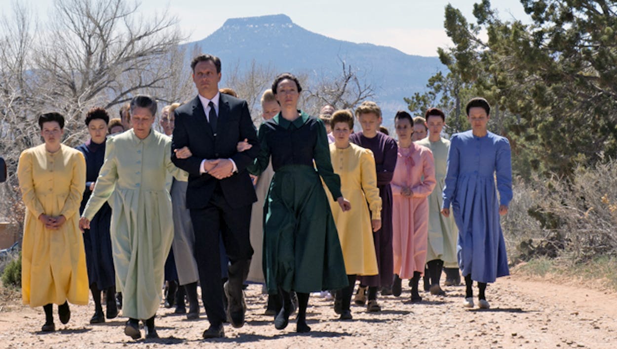 The on-screen depiction of the FLDS cult in their traditional long dresses.