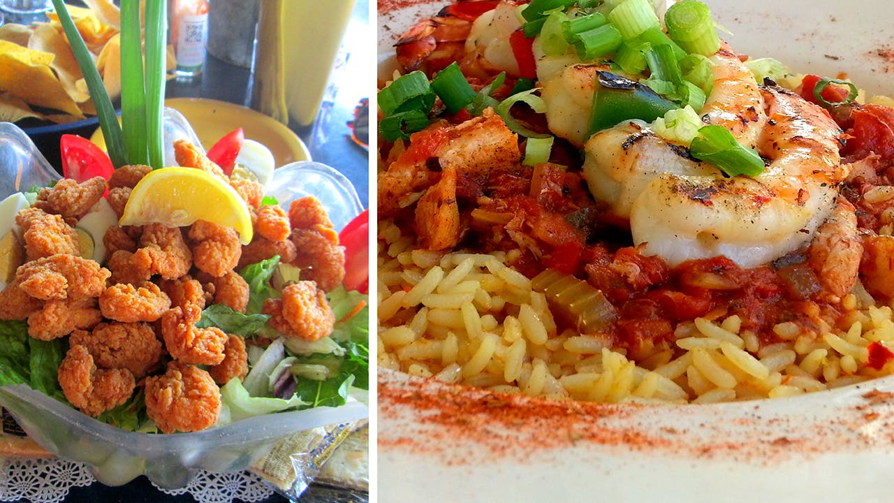 Seafood suppers at Virginia's On the Bay (left) and Trout Street Bar and Grill (right).
