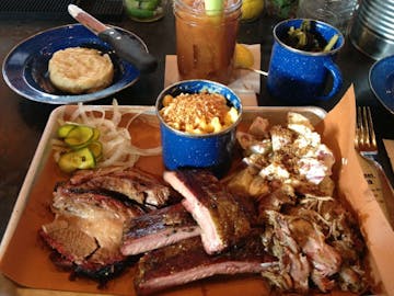 BBQ Tray with mac and cheese from Sweet Cheeks BBQ.