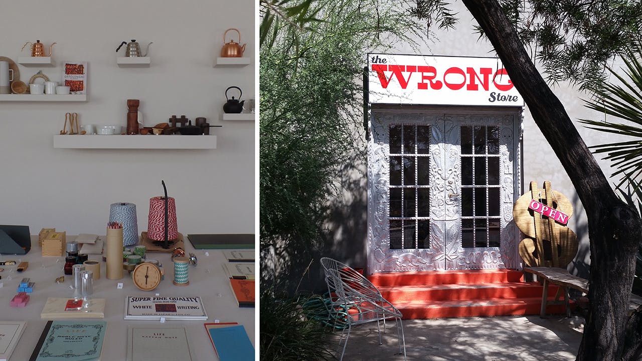 The interior at Mirth (left) and the exterior of Wrong Marfa (right).