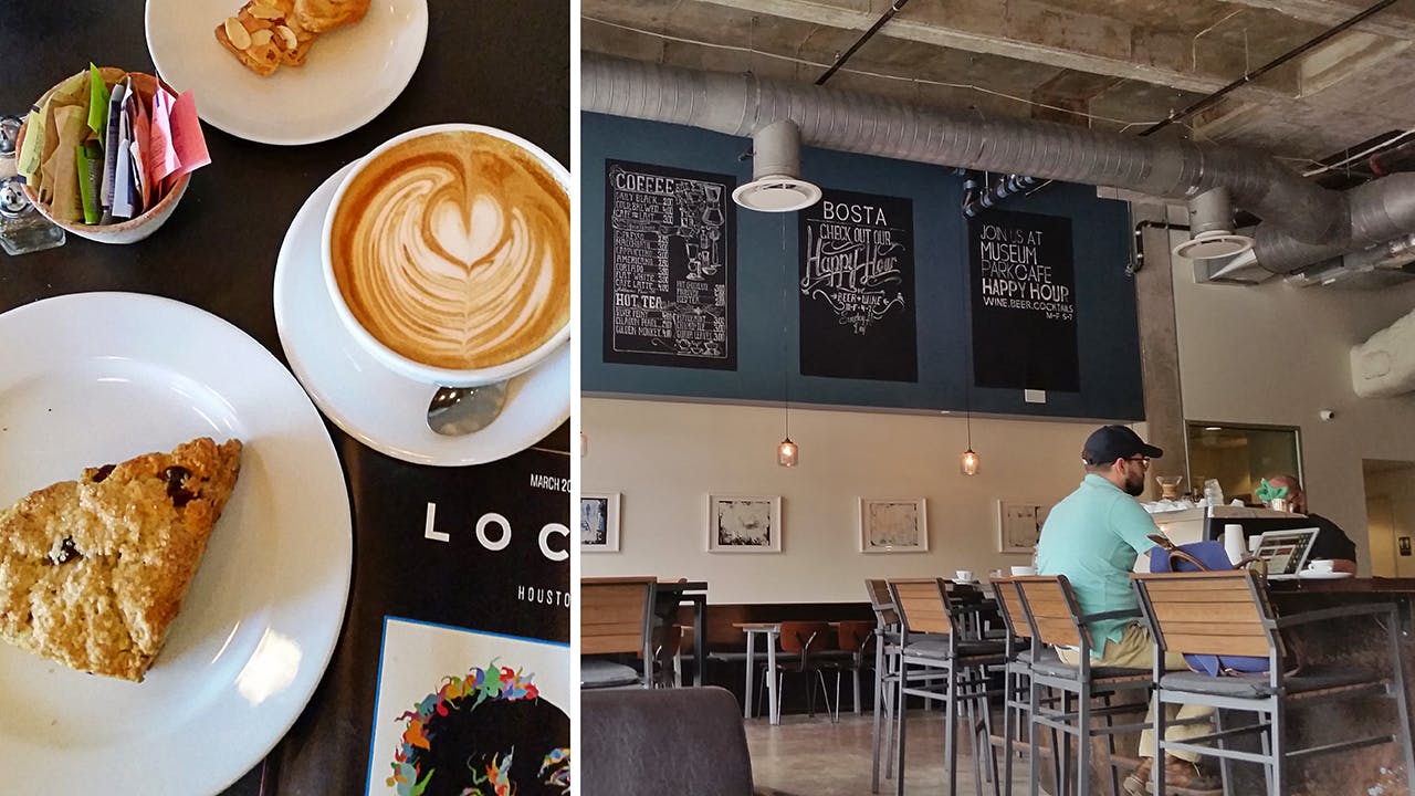 Coffee and pastries at Woodbar (left) and the interior of Bosta Kitchen (right).