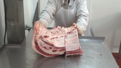 Butcher showing uncooked beef short ribs. 