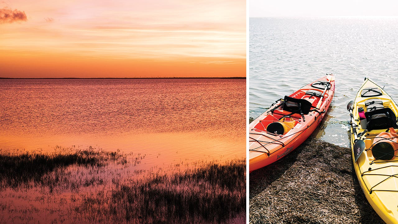 Sunset at Osprey Point (left) and kayaks on the Laguna Madre (right).