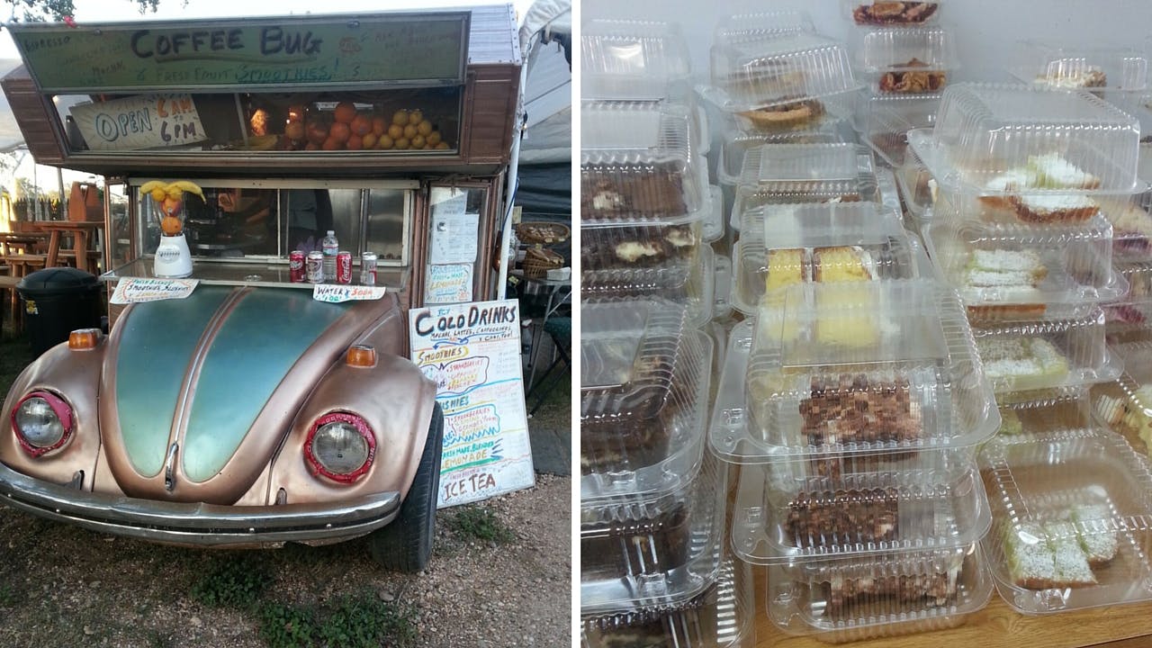 The Coffee Bug, parked in Warrenton, and fresh pies for sale at the Carmine Dance Hall.